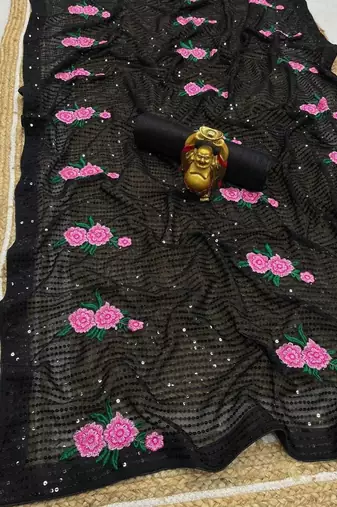 black black & pink floral embroidered sequinned saree