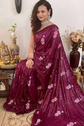 purple purple & pink floral sequinned poly georgette saree with blouse piece