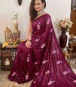 purple purple & pink floral sequinned poly georgette saree with blouse piece
