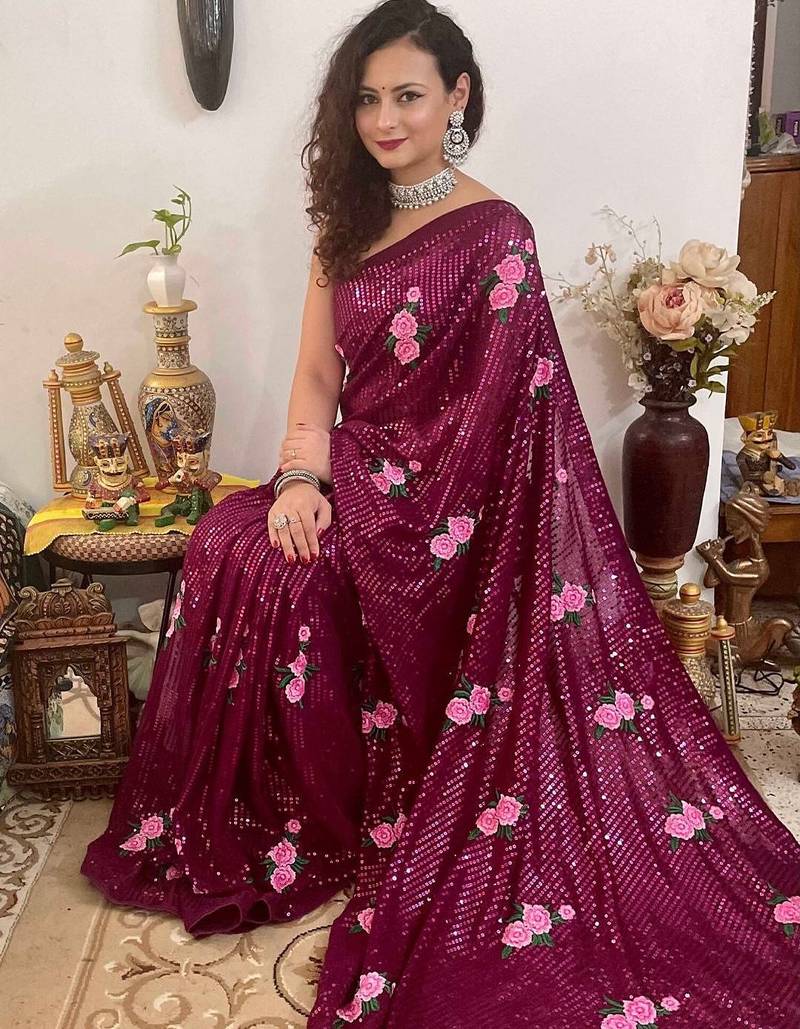 purple purple & pink floral sequinned poly georgette saree with blouse piece