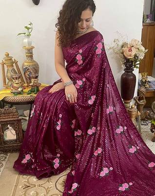 purple purple & pink floral sequinned poly georgette saree with blouse piece 2