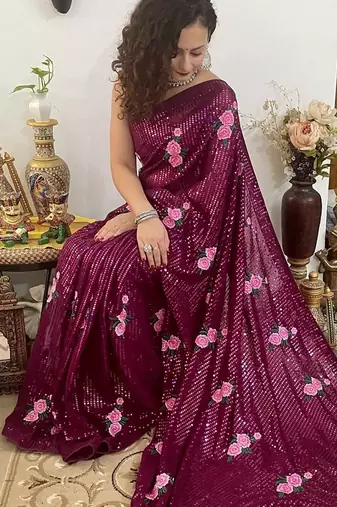 purple purple & pink floral sequinned poly georgette saree with blouse piece