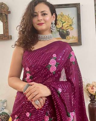 purple purple & pink floral sequinned poly georgette saree with blouse piece 3