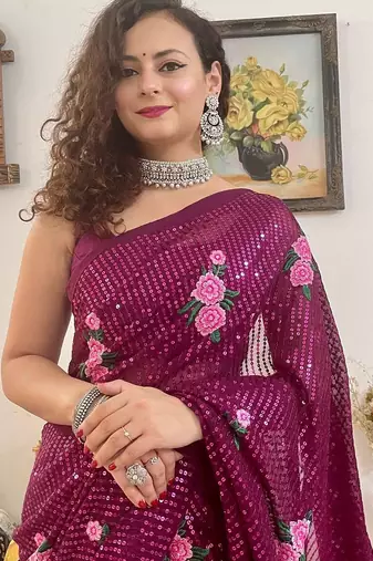 purple purple & pink floral sequinned poly georgette saree with blouse piece