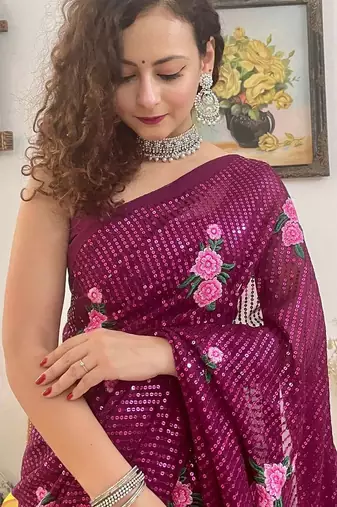 purple purple & pink floral sequinned poly georgette saree with blouse piece