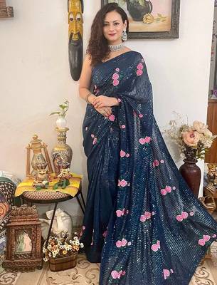 teal teal blue & pink embellished sequinned saree 1