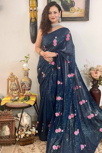 teal teal blue & pink embellished sequinned saree