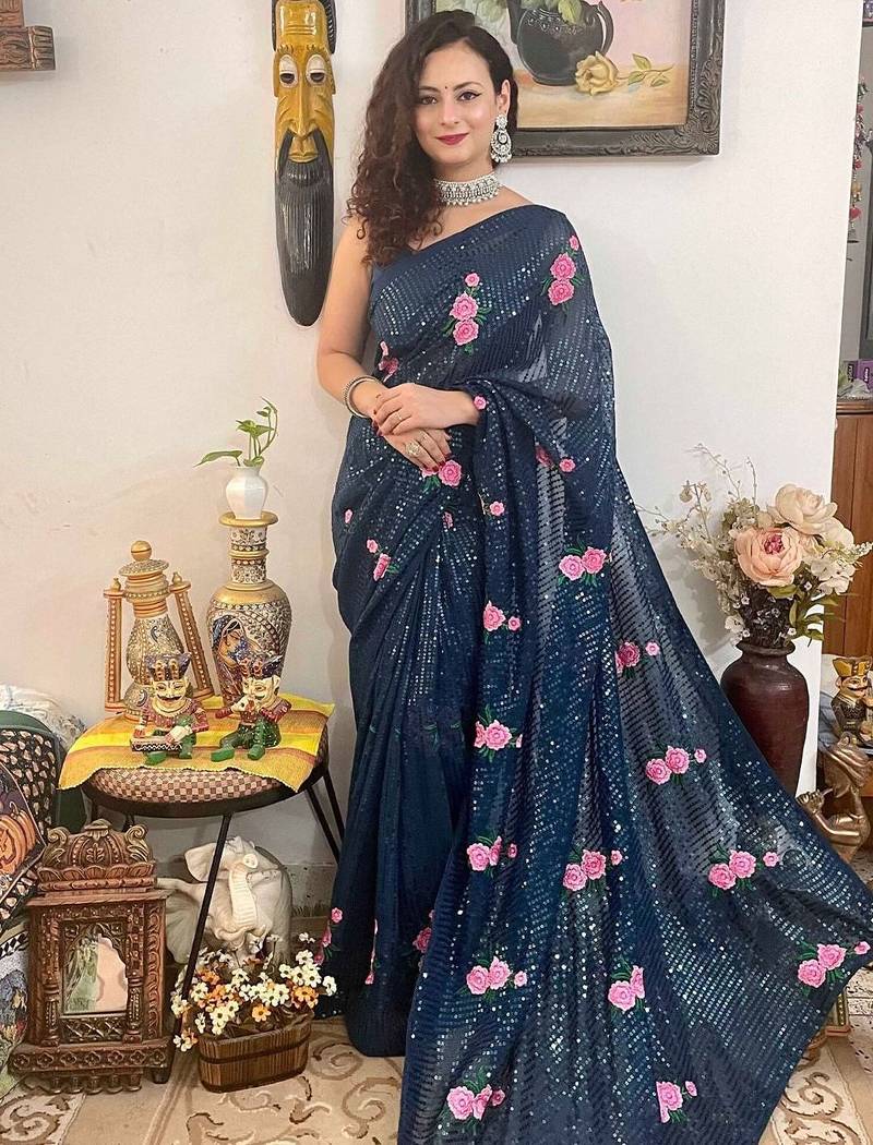 teal teal blue & pink embellished sequinned saree