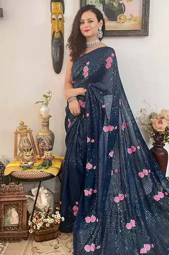 teal teal blue & pink embellished sequinned saree