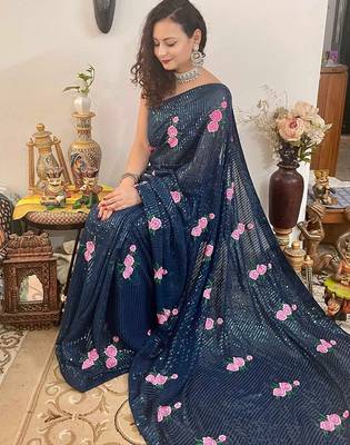 teal teal blue & pink embellished sequinned saree 3