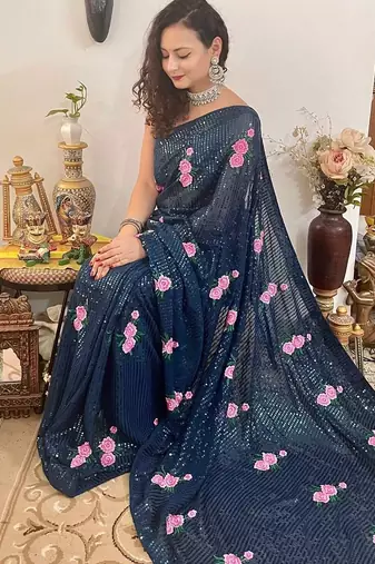 teal teal blue & pink embellished sequinned saree