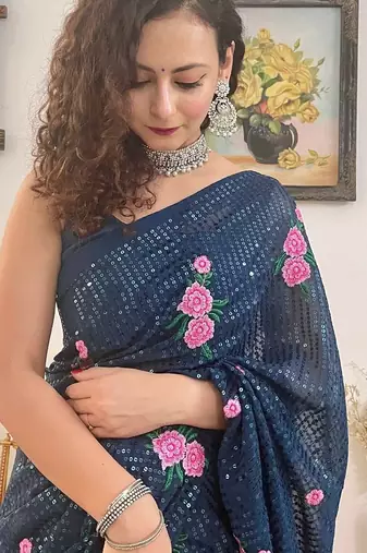 teal teal blue & pink embellished sequinned saree