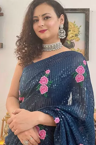 teal teal blue & pink embellished sequinned saree