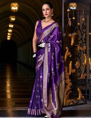 violet woven design zari banarasi saree with unstitched blouse piece 1