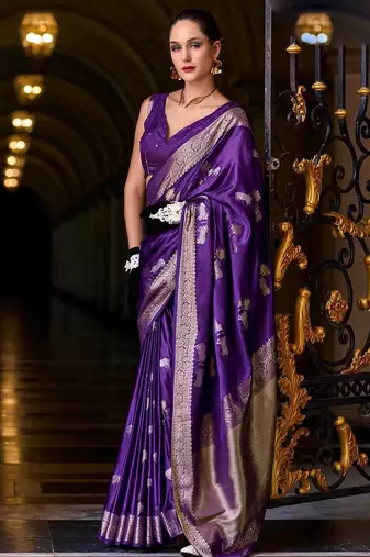 violet woven design zari banarasi saree with unstitched blouse piece