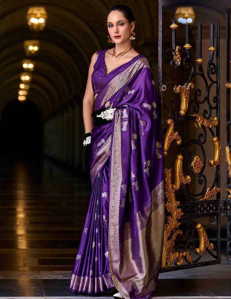 violet woven design zari banarasi saree with unstitched blouse piece