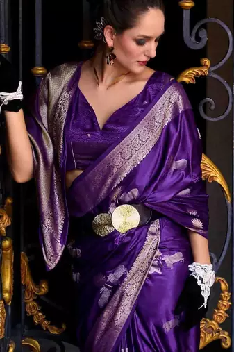 violet woven design zari banarasi saree with unstitched blouse piece