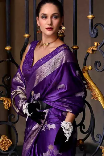 violet woven design zari banarasi saree with unstitched blouse piece