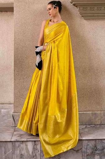 yellow woven design zari banarasi saree with unstitched blouse piece