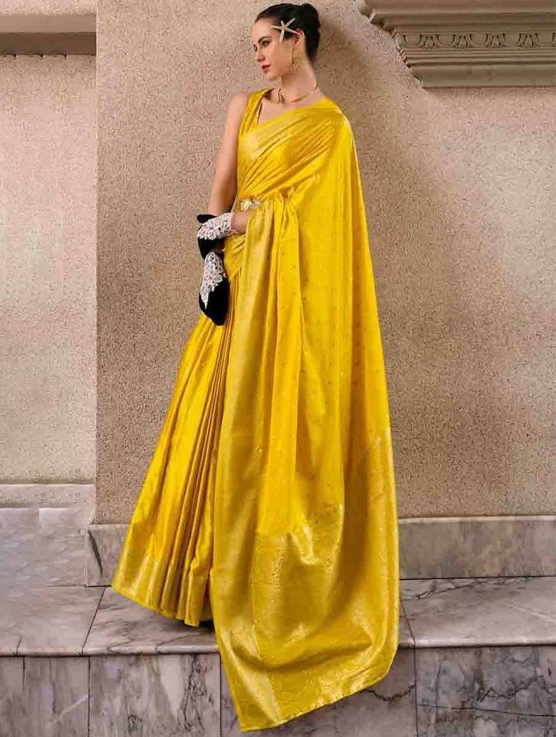 yellow woven design zari banarasi saree with unstitched blouse piece