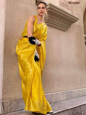 yellow woven design zari banarasi saree with unstitched blouse piece 2