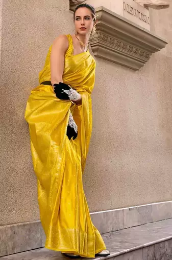 yellow woven design zari banarasi saree with unstitched blouse piece