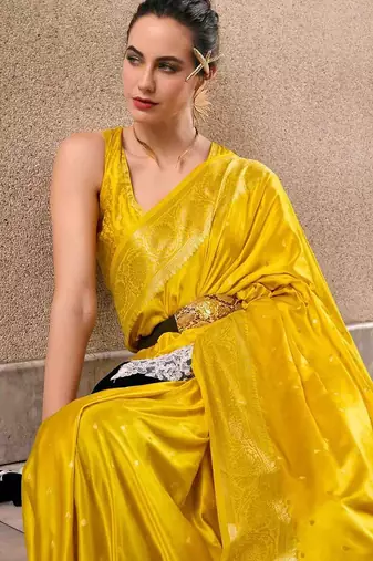 yellow woven design zari banarasi saree with unstitched blouse piece