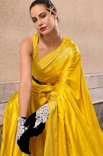 yellow woven design zari banarasi saree with unstitched blouse piece