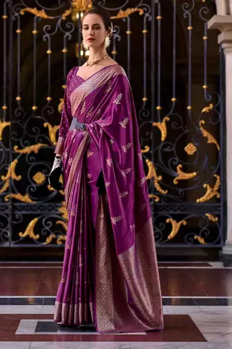 purple ethnic motifs woven design zari banarasi saree