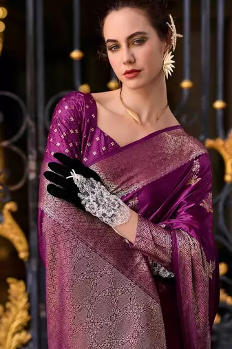 purple ethnic motifs woven design zari banarasi saree