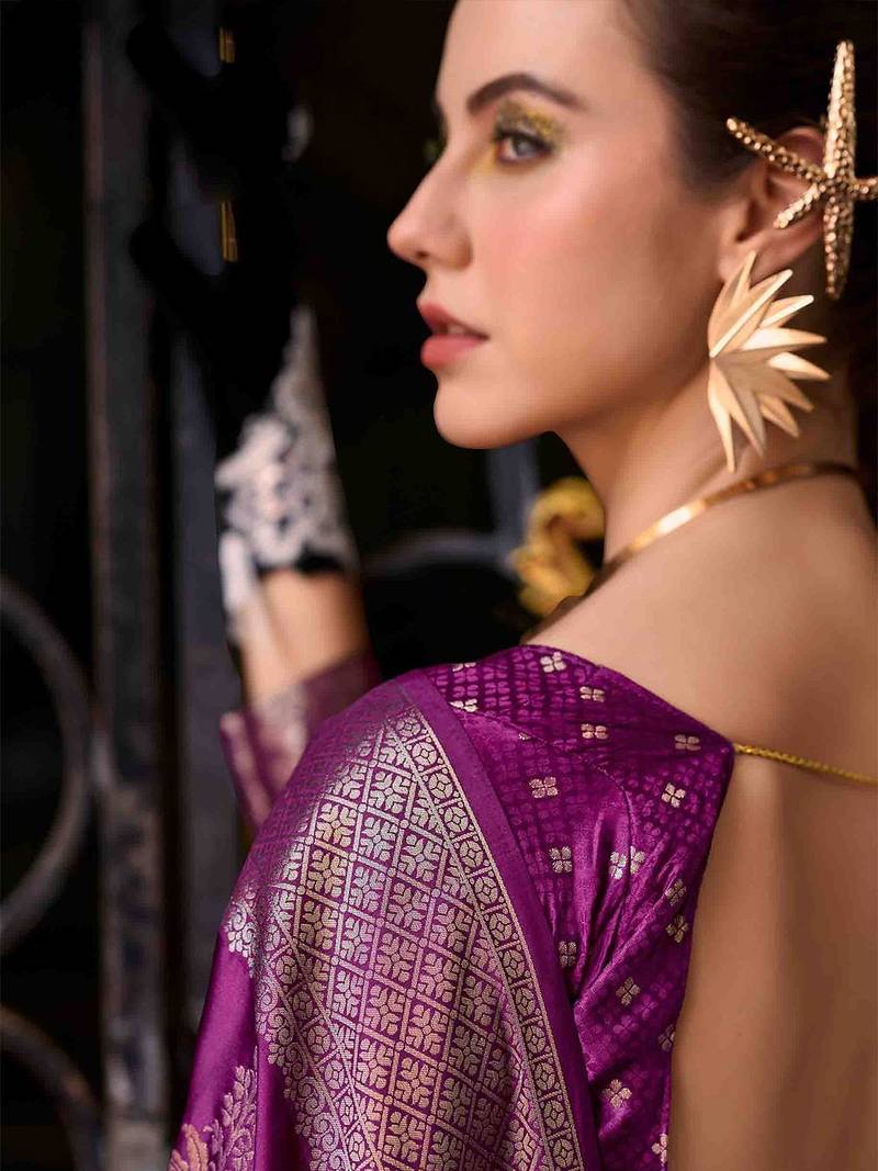 purple ethnic motifs woven design zari banarasi saree