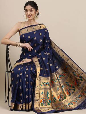 navy_blue navy blue woven design zari silk blend paithani saree 2
