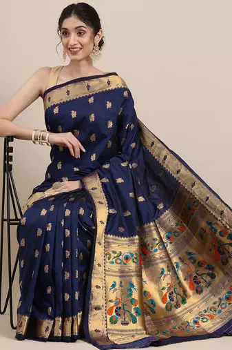 navy_blue navy blue woven design zari silk blend paithani saree
