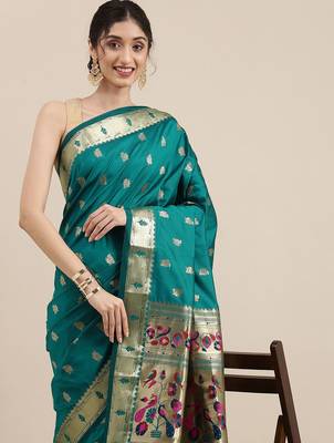 teal teal woven design zari silk blend paithani saree 1