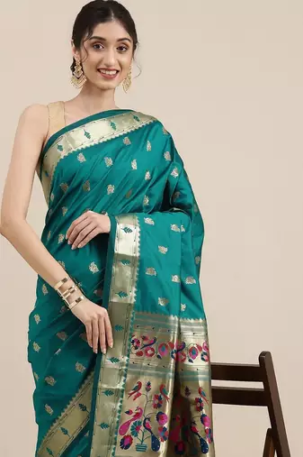teal teal woven design zari silk blend paithani saree