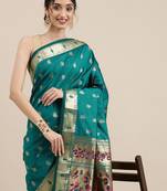 teal teal woven design zari silk blend paithani saree