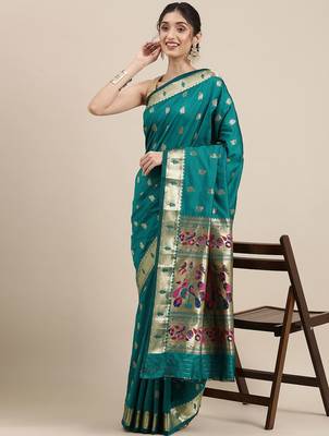 teal teal woven design zari silk blend paithani saree 2