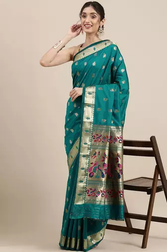 teal teal woven design zari silk blend paithani saree