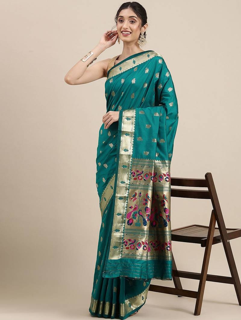 teal teal woven design zari silk blend paithani saree