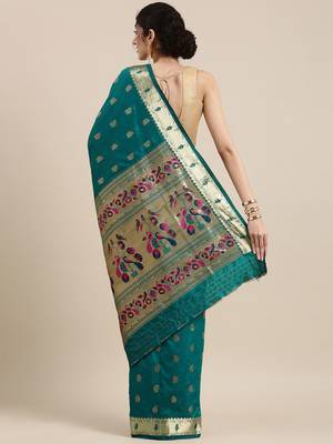 teal teal woven design zari silk blend paithani saree 3