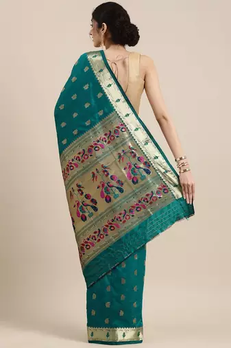 teal teal woven design zari silk blend paithani saree