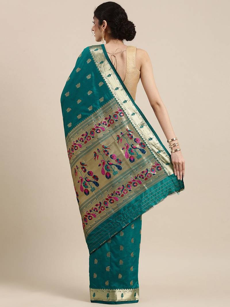 teal teal woven design zari silk blend paithani saree