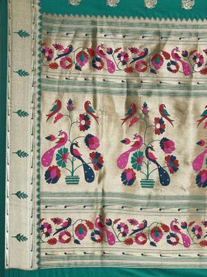 teal teal woven design zari silk blend paithani saree 5