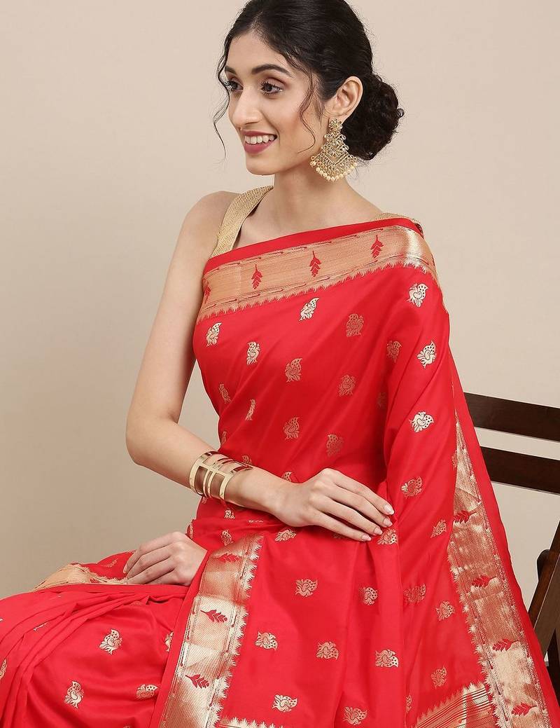 red red woven design zari silk blend paithani saree