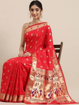red red woven design zari silk blend paithani saree 2