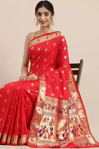 red red woven design zari silk blend paithani saree