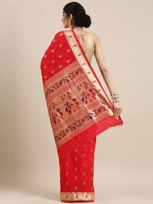 red red woven design zari silk blend paithani saree 3