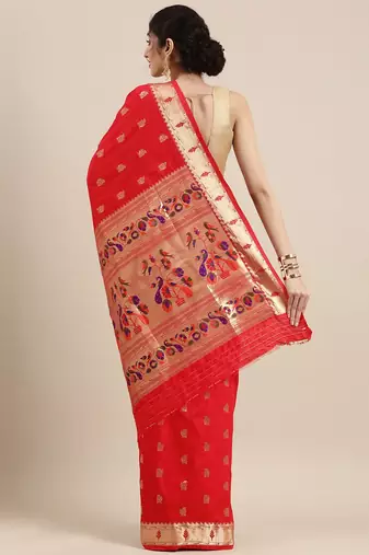 red red woven design zari silk blend paithani saree