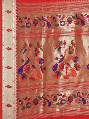 red red woven design zari silk blend paithani saree 5