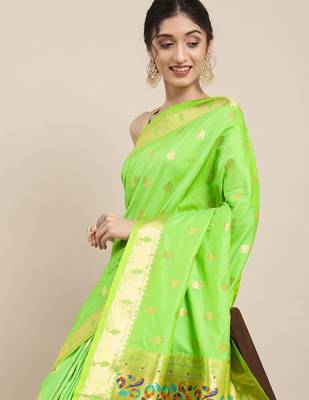 light_lime lime green woven design zari silk blend paithani saree 1